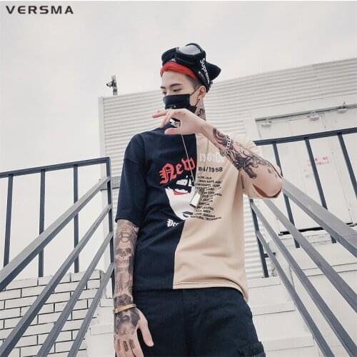 VERSMA 2018 Korean Harajuku BF Hit Color Patchwork T Shirt Men Women High Street Hip Hop Oversize Couple Tshirt Men Dropshipping