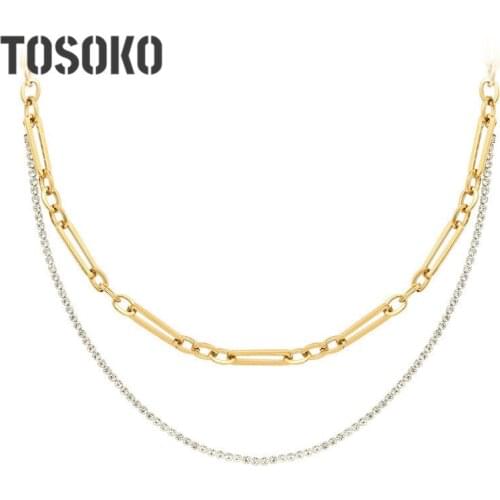 TOSOKO Stainless Steel Jewelry Double Layered Zircon Necklace For Womens Exaggerated Clavicle Chain BSP821