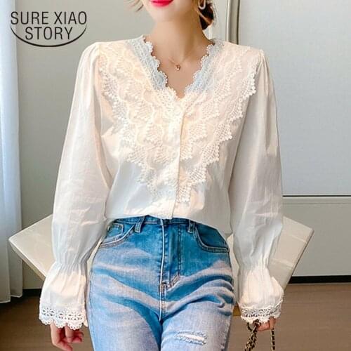 Sexy Lace Shirt Plus Size White Shirt Women Vintage Blouses Women Autumn Long Sleeve V-neck Pullover Blusas Office Lady 11127
