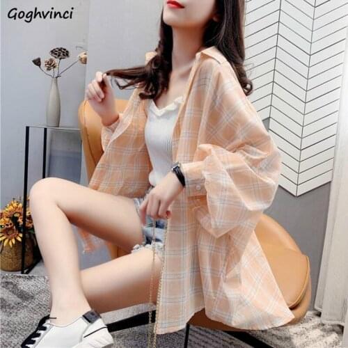 Blouses Women Shirts Spring Lantern Sleeve Plaid Sun-proof Summer Loose Thin Fashion Retro Drop-shoulder Students Chic Fresh New