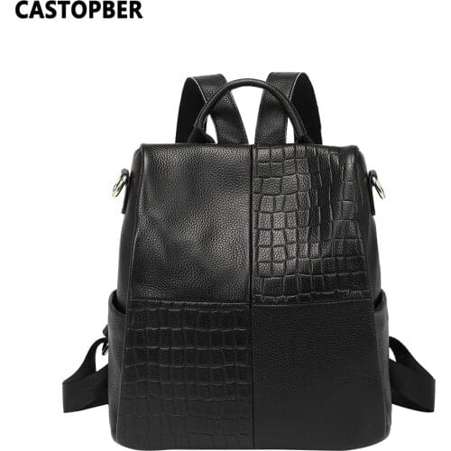 Cowhide Genuine Leather Shoulder Bags That Convert To Backpacks For Women Fashion Stone Partten With Side Pocket High Quality