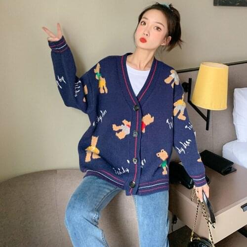 Women Cute Sweater and Cardigans V neck Cartoon Embroidery Loose Kntting Cardigans Cute Korean Knit Jacket