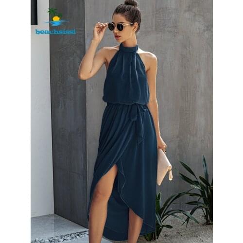 Beachsissi 2021 New Summer Solid Dress For Women Halter Neck Maxi Blue Sundress Tie Waist Sleeveless Fashion Casual Dress
