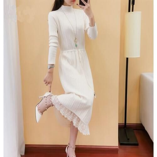 2018 Long Sleeve Knitted Sweater Dresses Long Vestidos New Women White Lacework Elegant Turtleneck Dress ZO863