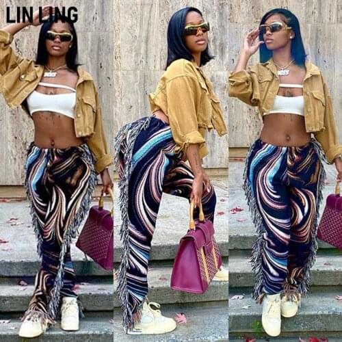 LINLING Winter Fashion Color Printing Thickened Thermal Tassel Design Medium Waist Straight Tube Pants