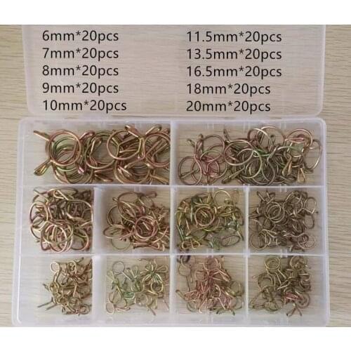 200pcs Hose Clamp High Quality Zinc Plated Spring Clips Gear Hose Fuel Line Clamp for Boats with Storage Box 6/7/8/9/10/-20mm