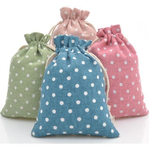 50pcs Polka Dot Bag Cotton Linen Gift Candy Bag Jute Treat Drawstring Gift Bags for Wedding Party Favors Jewelry Packaging Bag