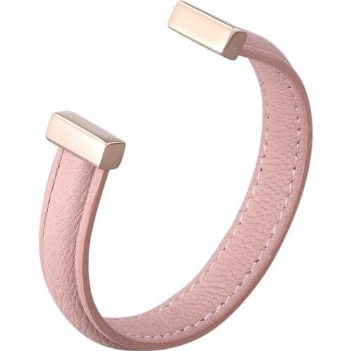 Pink Genuine Leather Open Cuff Bracelet Lovers Jewelry Rose Gold Color Stainless Steel Women Bangles Men Wristband Gift PD0990P