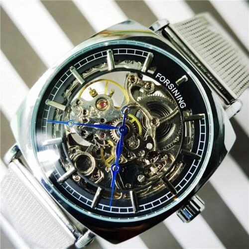 Forsining Fashion Automatic Mechanical Watch For Men Square Skeleton Analog Silver Slim Mesh Steel Band Watch Relojes Hombre