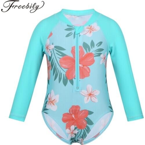 Kids Girls Swimming Long Sleeves Flower Printed Front Zipper Rash Guard Bathing Suit One-piece UPF 50+ Sun Protection Swimwear
