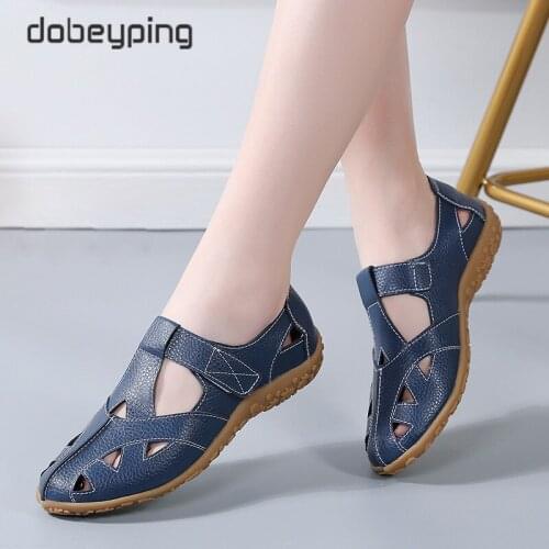 Dobeyping Breathable Womens Sandals Real Leather Summer Loafers Woman Fashion Hollow Sandalias Female Soft Ladies Beach Shoes