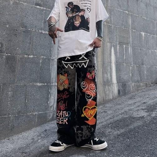 Spring And Summer Ladies Jeans Korea Vintage European And American High Street Harajuku Graffiti Wide-Leg Mens Daddy Trousers