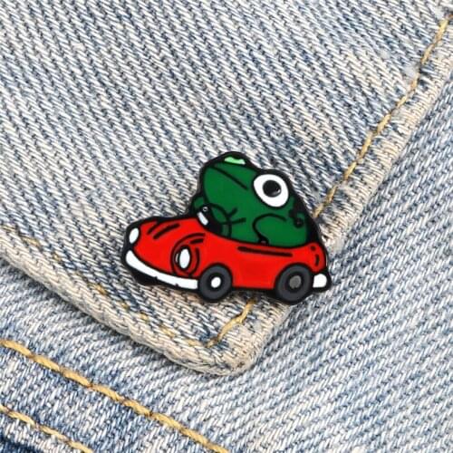 Cute Frog Driver Enamel Pins Small Red Car Brooches Funny Animal Jewelry Backpack Clothes Lapel Badges Gift for Friends Children