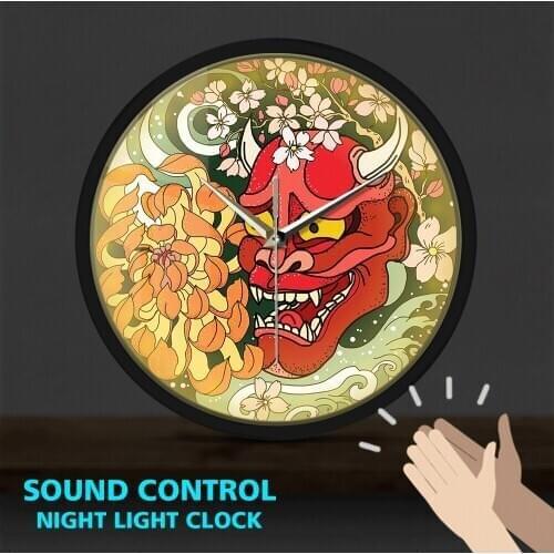 Gothic Style Red Oni Demon Mask Metal Frame LED Wall Clock Sound Control Japanese Dragon Peony Flower Wall Art Decor Horologe
