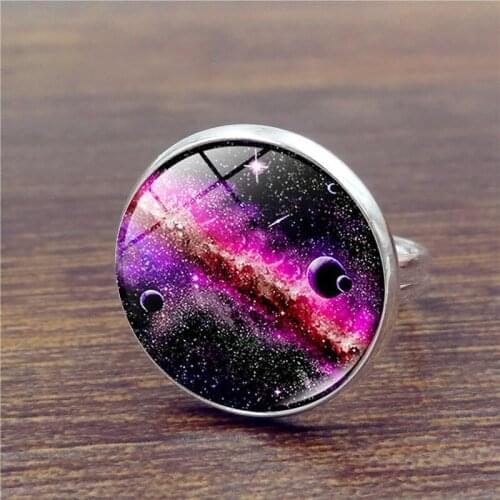 Solar System Glass Cabochon Finger Rings for Women Girls Adjustable Size Galaxy Universe Moon Star Ring Planet Handmade Jewelry