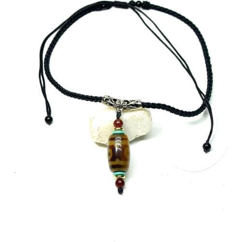 Brown 3 eyes Dzi Beads, Agate Bead Pendant Necklace, Red Black Braided Rope Adjustable Men and Women Necklace Free Shipping