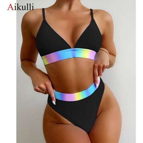 New Stitching High Waist Bikinis Swimsuist Womens Sexy V-Neck Push up Swimwear 2021 Summer Bikini set Female Swim Bathing Suits