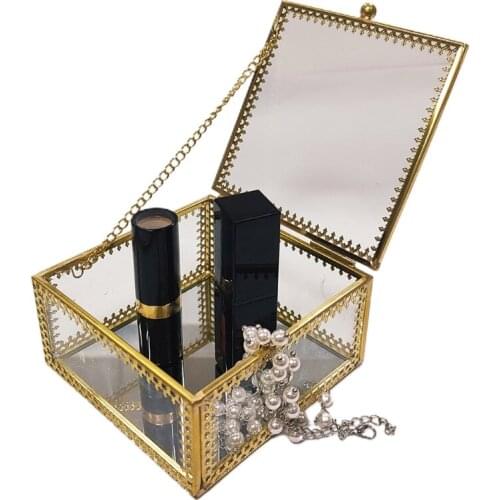 Square Gold Brass Glass Ring Trinket Box Lace Edged Wedding Ring Box Clear Glass Jewelry Box Tabletop Home Organizer