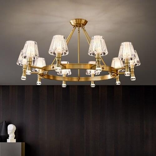 FKL American Copper Chandelier Gold Simple Acrylic Lampshade Light Luxury For Living room Dining room Villa Study Bedroom Lamp