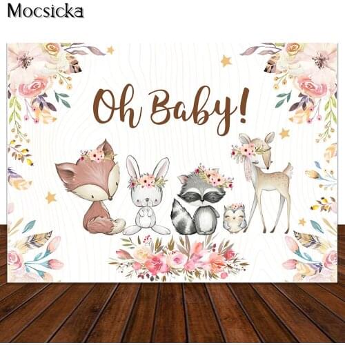 MOCSICKA Oh Baby Woodland Baby Shower Backdrop Animal Birthday Party Decoration Photography Background Cute Fox Flowers Banner