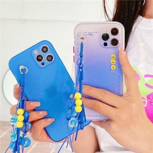 Gradient Blue Smiley Face Pendant Solid Phone Case for iPhone12 Pro Max 11 X/xr XS Max 78plus Soft Creative Anti-fall Cover