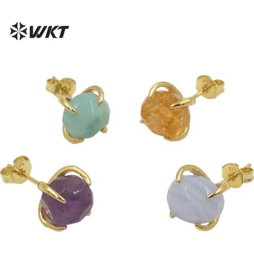 WT-E646 Wholesale fashion gold plated prong Setting natural faceted stone studs OL style elegant rose quartz stone earrings