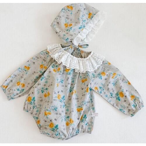 Korean Style 2020 Autumn Newborn Baby Girls Floral Printed Bodysuits Lace Collar Infants Clothes Toddlers Kids Princess Jumpsuit