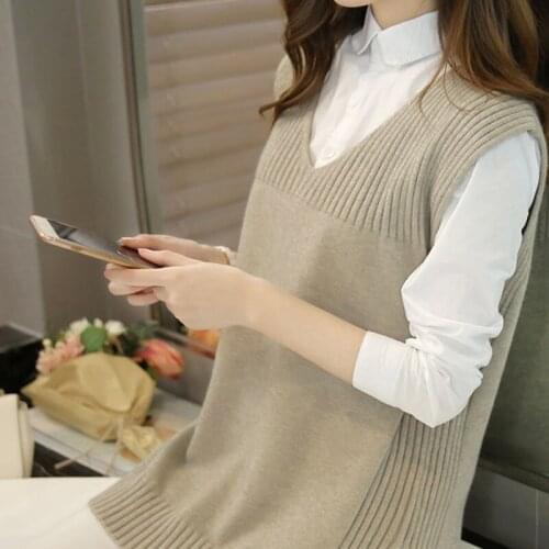 Autumn Womens Solid Knitted Vest Sweater Female V-neck Pullover Loose Casual Knitting Outerwear Ladies Sleeveless Jacket H612
