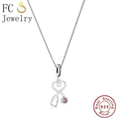925 Sterling Silver Pink CZ Hospital Doctor Nurse Stethoscope Pendant Necklace For Women Girl Chain Choker Trinket 2021 Trends