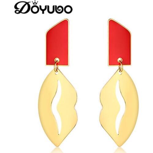 DOYUBO Brand European Design Titanium Steel Lipstick Earrings For Women Red Lipstick & Lips Drop Earrings Fine Jewelry DB187