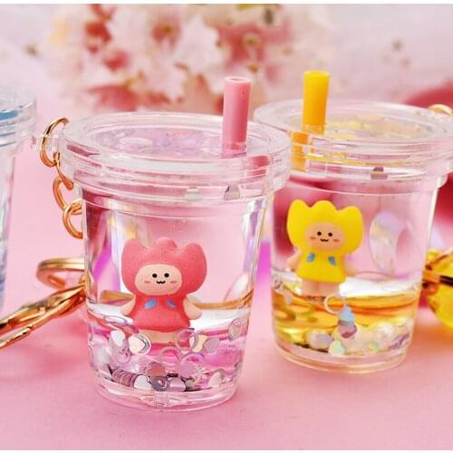 Cute Liquid Floatation Acrylic Keychain Creative Cartoon Tulip Girl Oiled Key Ring Women Girl Car Bag Pendant Keyfob Gift