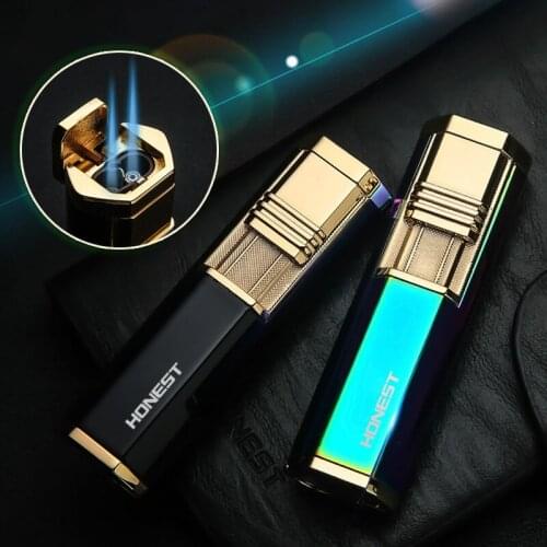 Turbine Straight Lighter Torch Lighter Windproof Metal Double Flame Spray Gun and Cigar Cutter Cigar Accessories Gift for Men