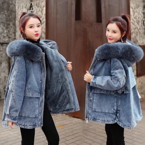 Vintage Plus Velvet Denim Cotton Padded Jackets 2021 Winter Lamb Hair Loose Women Denim Coats Thicken Hooded Big Fur Collar Coat