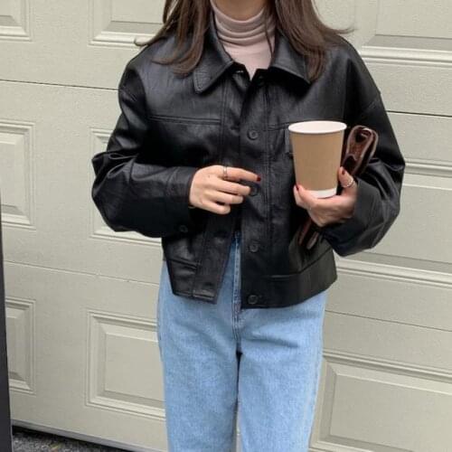 Stylish Turn-down Collar Women PU Leather Jackets Casual Pocket Single-breasted Loose Female Faux Leather Coats 2021