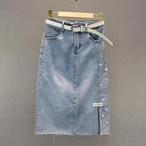 Ladies Hot Rhinestone Cropped Denim Skirt Spring/Summer New Fashion High Waist Loose Mid-Length Package Hip Skirt