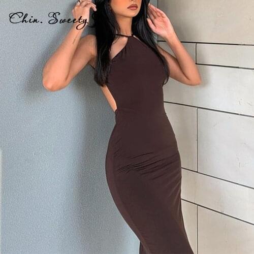 Straps Halter Party Backless Midi Dress Women Club Brown Ruched Sexy Dresses Ladies Chic 2021 Summer Female Fashion Outfits