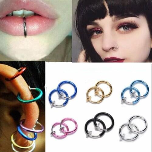 Fashion 2 Pcs Clip on Body Jewelry Nose Lip Ear Fake Piercing Rings Stud Punk Goth False Hoop Earrings Septum Gift