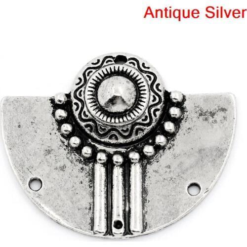 8SEASONS Connectors Findings Semi-Circle antique silver-color Flower Pattern Carved 3 Holes 3.7x3cm,10PCs (B25760)