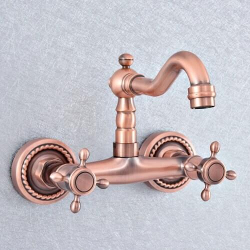 Antique Red Copper Brass Wall Mounted Kitchen Wet Bar Bathroom Sink Faucet Swivel Spout Mixer Tap Dual Cross Handles asf858