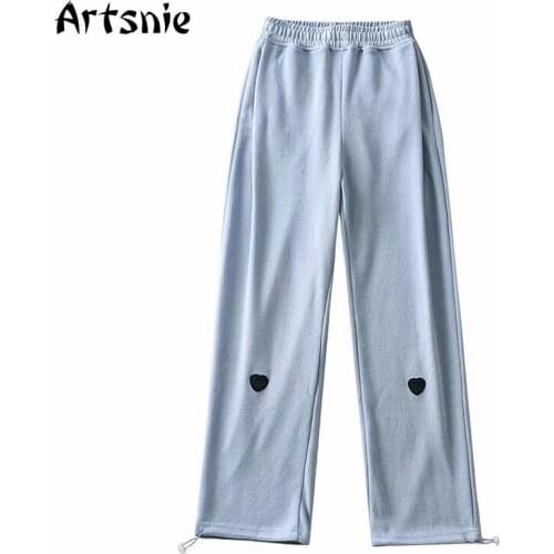 Artsnie Spring 2021 Wide Leg Pants Women Streetwear Casual High Waist Trousers Heart Knitted Blue Ladies Long Pants Sweatpants