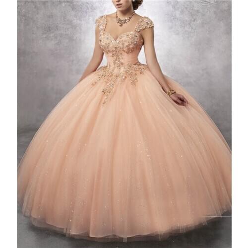 Bealegantom Sparkling Bling Bead Champange Appliques Beaded Lace-Up Quinceanera Dresses With Straps Vestidos De 15 Anos QD75