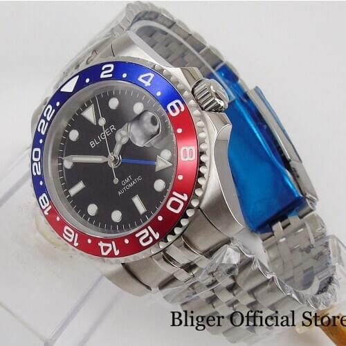 BLIGER 40mm Mechancial Men Watch Sapphire Glass GMT Hand Rotating Bezel Jubilee Band Black Dial