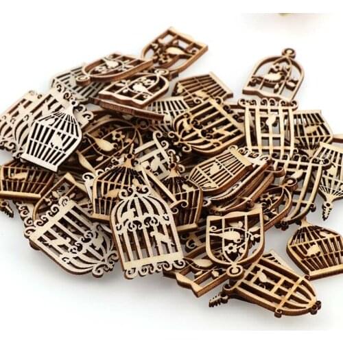 50PC Wooden Birdcage Cutouts Craft Embellishment Gift Tag WoodOrnament For Wedding DIY Decoration Hand-made Graffiti Mix Style