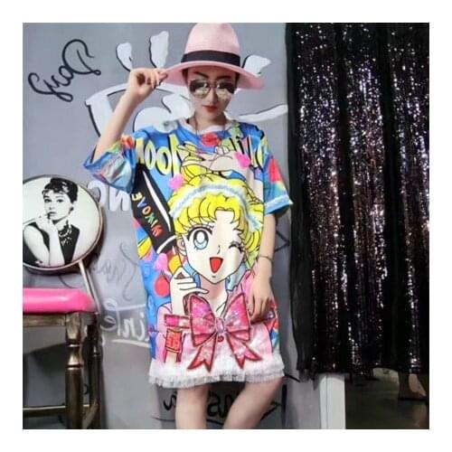 Loose fashion maxi summer women t-dresses cartoon ladies print sparkle sequins casual tees streetwear big size Long Tees NS797