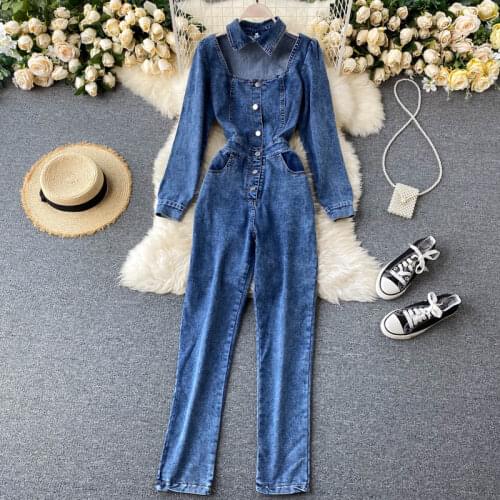 Women Safari Style Turn Down Collar single breasted hollow out Long Sleeve Denim Jeans Jumpsuits Outfits