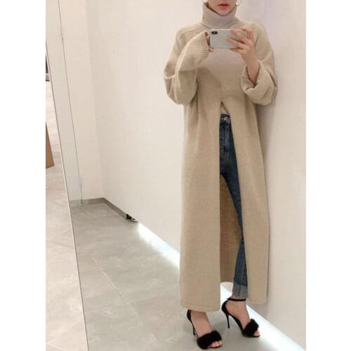 Korean Chic Autumn Winter Warm Turtleneck Sweaters Split Design Loose Long Knit Pullovers Office Lady Elegant All-match Jumpers