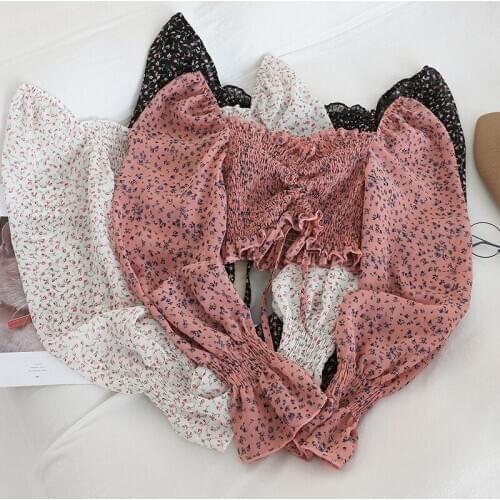 Summer Streetwear Boho Beach Print Slash Neck Off Shoulder Blouses Shirt Women Long Sleeve Ruffle Short Tops Female Blusas