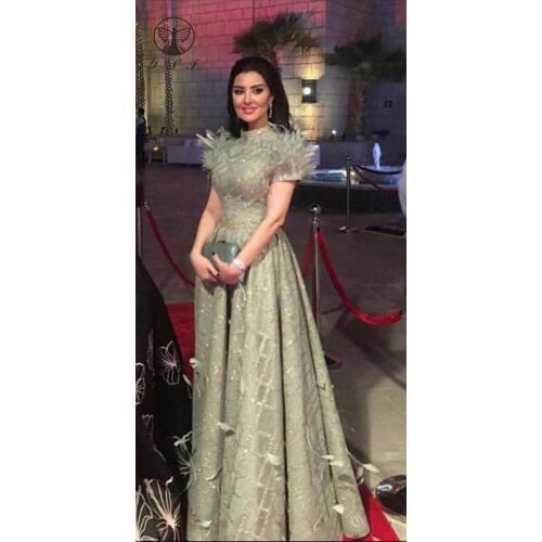 Best Selling Silver High Collar Short Sleeve Pleated Glitter Fabric Bling Bling Floor Length Evening Dresses