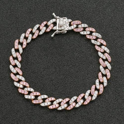 Fashion Jewelry 9mm Pink Multi Cubic Zirconia Cuban Link Chain Bling Bracelet Hiphop Copper Bangle Iced Bling for Men Women