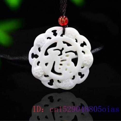 Jade Fu Pendant Fashion Jewelry Chinese Accessories Natural Carved Gifts Women Charm Necklace White Double sided Amulet